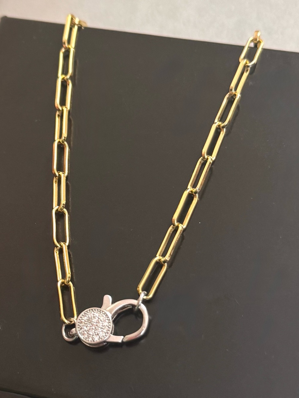 Gold and Silver Paperclip Chain Necklace with Pave Lobster Clasp